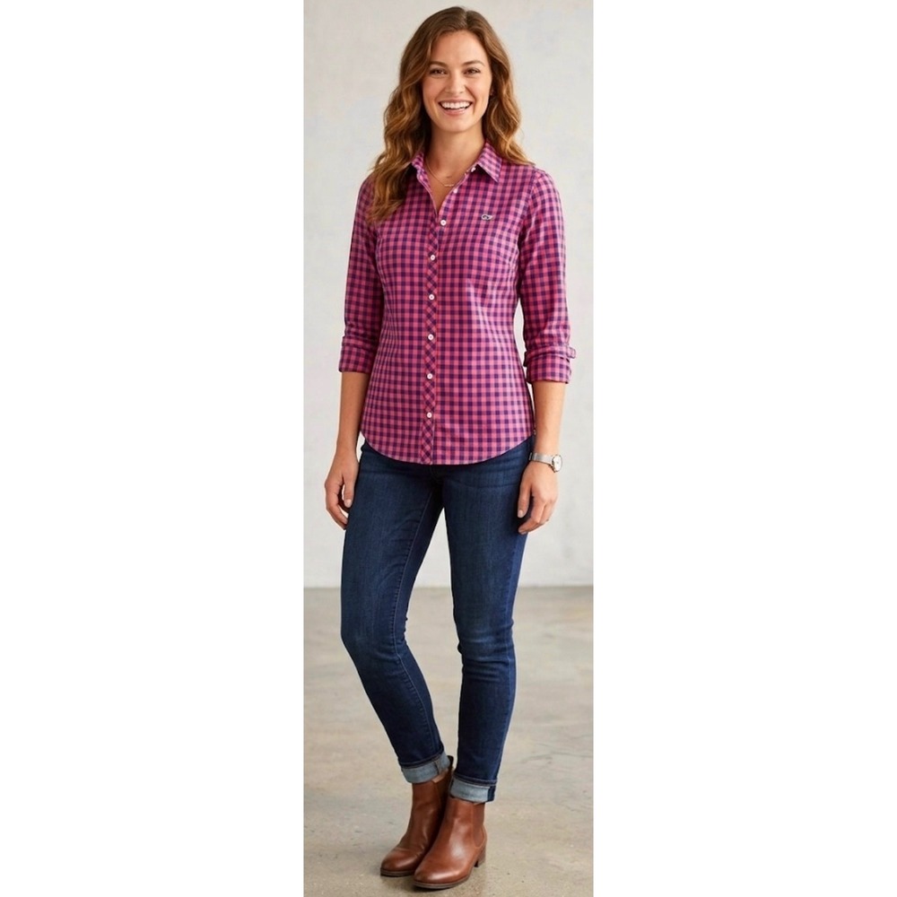 Vineyard Vines Gingham Classic Fit Button Down Shirt Pink‎ Navy Blue Size 0